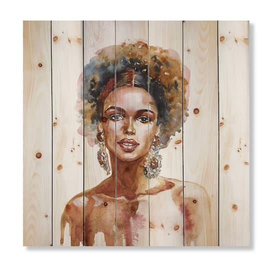 Designart - Portrait of African American Woman V - Modern Print on Natural Pine Wood